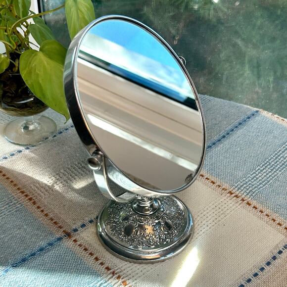 Vintage Ornate Silver Tone Vanity Mirror – Double Sided - Picture 1 of 15